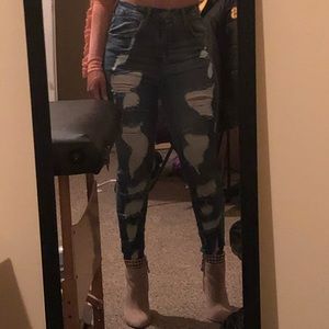 Blue denim distressed skinny jeans (mid waist )
